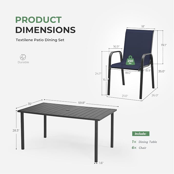 Outdoor Dining Set for 6, Patio Dining Set with Textilene Dining Chairs, Metal Dining Table with Umbrella Hole, Stackable Outdoor Chairs for Garden, Patio, Poolside and Backyard, Navy Blue