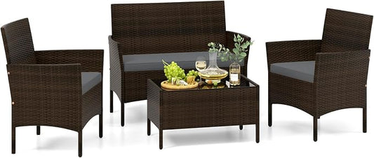 Tangkula 4 Piece Patio Rattan Conversation Set, Outdoor Wicker Furniture Set with Chair, Loveseat & Tempered Glass Table, Cozy Seat Cushions, Outside Sectional Sofa Set for Backyard, Porch (1,Grey)