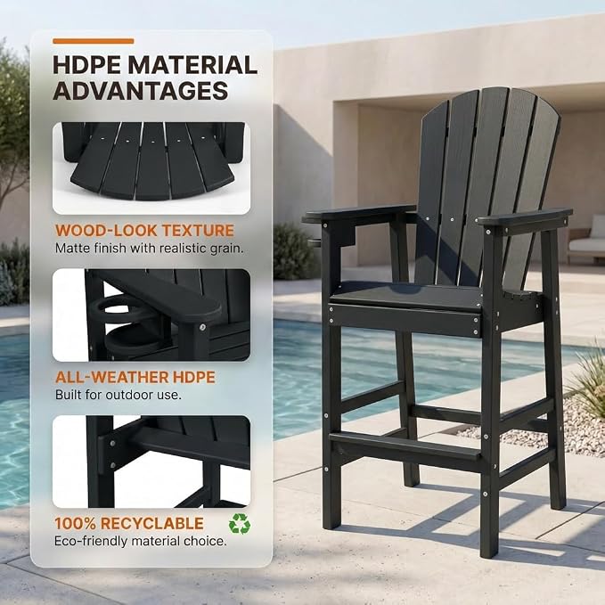 WILLIAMSPACE Patio Bar Chair Bar Stool, Outdoor All Weather HDPE Height Adirondack Chair with Armrests & Cup Holder, 1-Piece Counter Height Chair for Pool, Garden, Kitchen, ONLY 1 Chair (Black)
