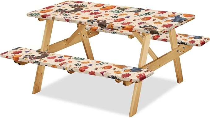 Thanksgiving Picnic Table Cover with Bench Covers, Beach Waterproof Outdoor Table Cover, Picnic Table Covers with Elastic Suitable for Thanksgiving Decoration