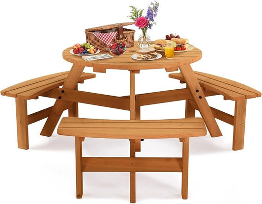 VINGLI Wood Picnic Table Outdoor Round Picnic Table with Umbrella Hole and 3 Built-in Benches, Outdoor Dining Tables and Chairs 300 LBS Bench Capacity (Natural, Round)