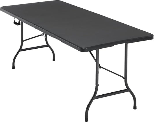 VECELO 6Ft Folding Picnic Table,Indoor Outdoor Plastic Portable Foldable Desk with Handle, Mesh Trash Bag&Lock Legs Heavy Duty for Camping, Dining, Party, Black