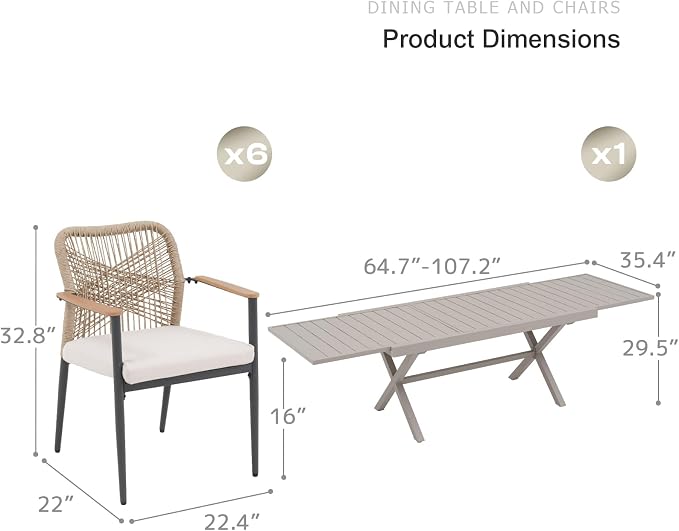 SUNSITT 7 Piece Outdoor Patio Dining Set, 65" - 107" Metal Expandable Outdoor Dining Table with X-Shape Legs, 6 Woven Wicker Patio Chairs w/WPC Armrests for Garden, Flaxen