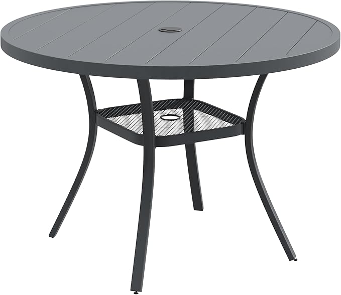 DIFY Outdoor Dining Table for 4, Round Patio Table with Umbrella Hole for Garden, Backyard and Porch (Dark Grey)