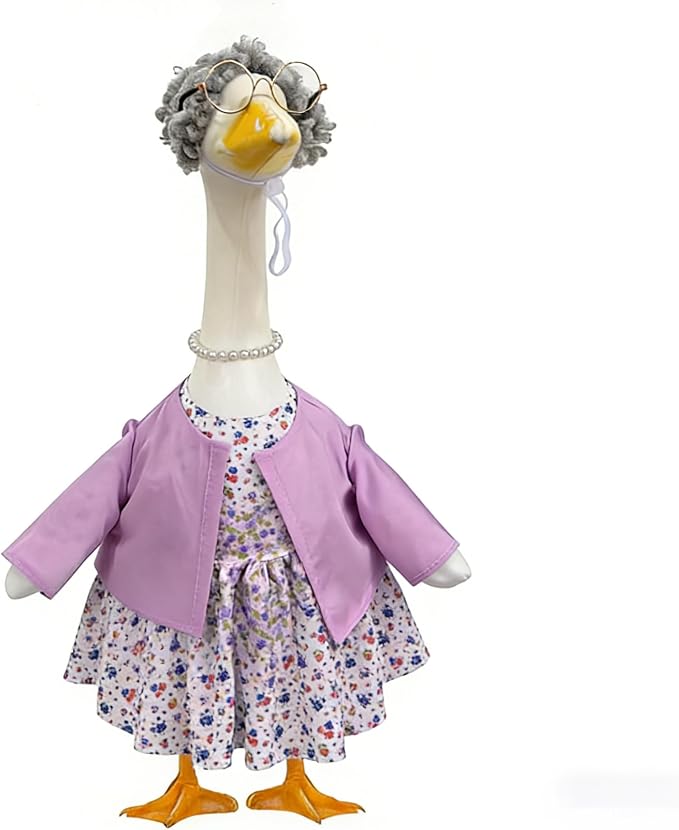 Old Lady Porch Goose Outfits Grandma Goose Clothes Glasses Curly Wig Floral Print Dress Cardign and Pearl Necklace,23'' Geese Statue Outdoor Patio Yard Lawn Decoration (Mixed)