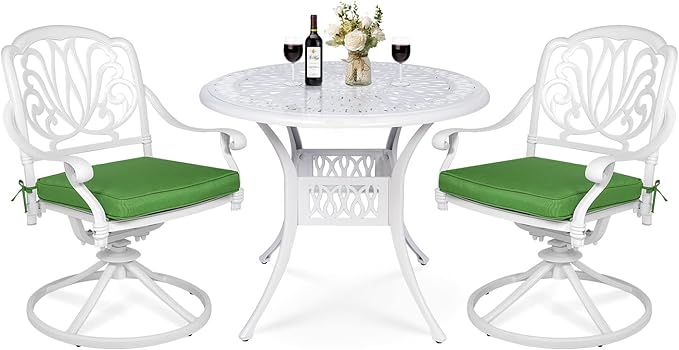 VIVIJASON 3-Piece Patio Furniture Dining Set, Outdoor All-Weather Cast Aluminum Bistro Set, Include 2 Swivel Chairs and 35.4" Round Table w/Umbrella Hole for Balcony, Lawn, Garden, Backyard, White