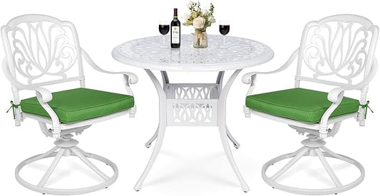 VIVIJASON 3-Piece Patio Furniture Dining Set, Outdoor All-Weather Cast Aluminum Bistro Set, Include 2 Swivel Chairs and 35.4" Round Table w/Umbrella Hole for Balcony, Lawn, Garden, Backyard, White
