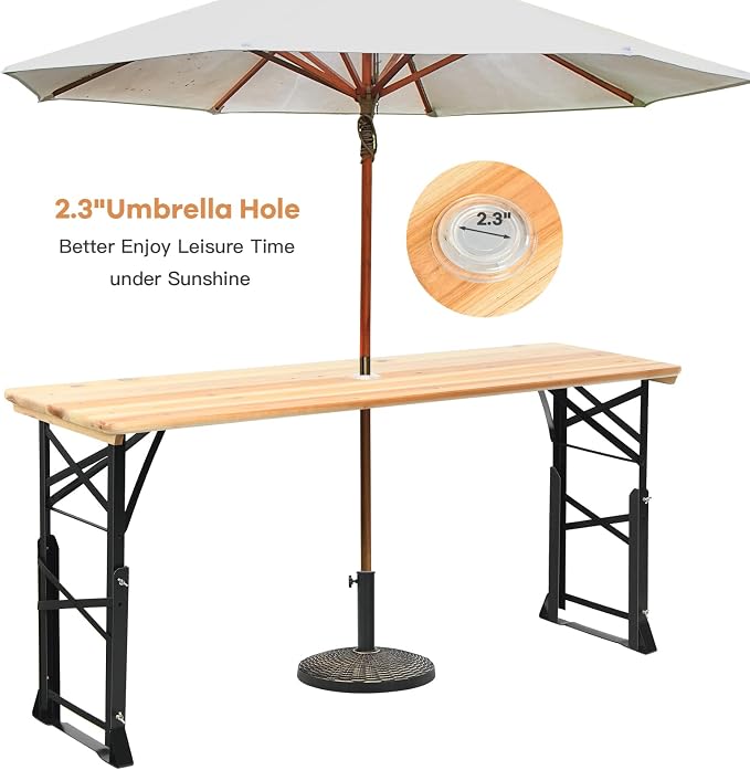 Goplus Folding Picnic Beer Table, Outdoor Camping Table with Umbrella Hole, Adjustable Heights and Wood Top, Portable Picnic Table for Patio Garden Party Backyard, No Assembly
