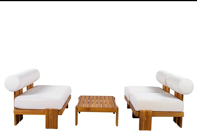 Christopher Knight Home Ahina 4 Pieces Acacia Wood Conversation Set, Loveseat & Accent Chair Chat Set with Cushions, Slat Panel Coffee Table, Patio Furniture Set for Backyard/Balcony, Teak + Beige