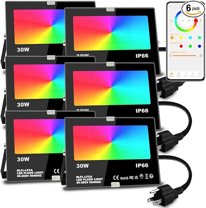 Led Flood Light 30W, 300W Equivalent 3000 LM Outdoor Color Changing Lights | 2700K & 16 Million Colors&Timing& Music Sync, Bluetooth RGBW Smart Floodlights，Led Stage Landscape，IP66 US 3-Plug (6 Pack)