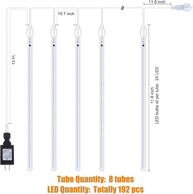 Meteor Shower Lights Outdoor, 11.8 Inches 8 Tubes 192 LED Snowfall Lights, Waterproof Meteor Christmas Light, Hanging Falling Rain Light for Tree Bushes Holiday Party Christmas Decoration, White