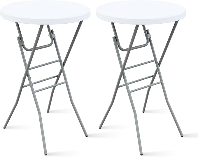 28” Round Folding Bar Table, High Top Cocktail Table with Locking Mechanism, HDPE Waterproof Stain-Resistant Top, Indoor Outdoor Patio Garden Party, White, 2 PCS