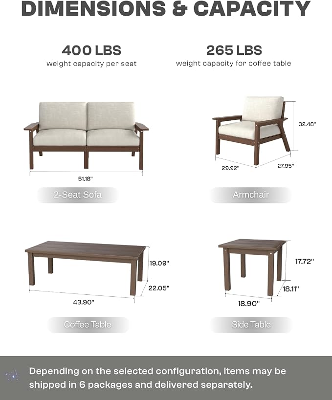 HDPE 6 Piece Patio Furniture Set, Outdoor Couch with Washable Thick Beige Cushions & Coffee Table & Side Table, Outdoor Sectional Furniture for Backyard, Deck, Lawn, Porch (Gray Frame)