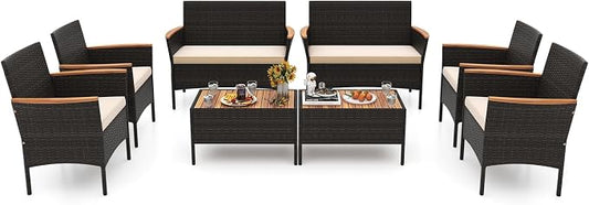 HAPPYGRILL 8 Pieces Outdoor Patio Rattan Furniture Set, Rattan Conversation Set with Chairs & Loveseat, Acacia Wood Tabletop & Armrest, Outdoor Cushion Sofa Set for Backyard Patio Poolside