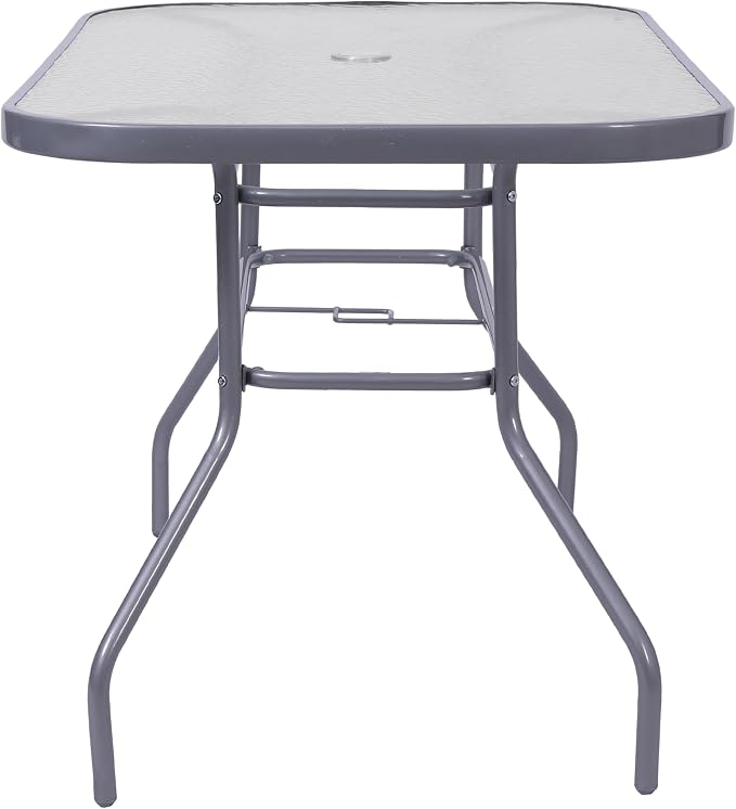 Flash Furniture Tory Rectangle Patio Table with Umbrella Hole, Commercial All-Weather Table with Heat Resistant Tempered Glass, Steel Tube Frame, 27.5x47.25, Silver
