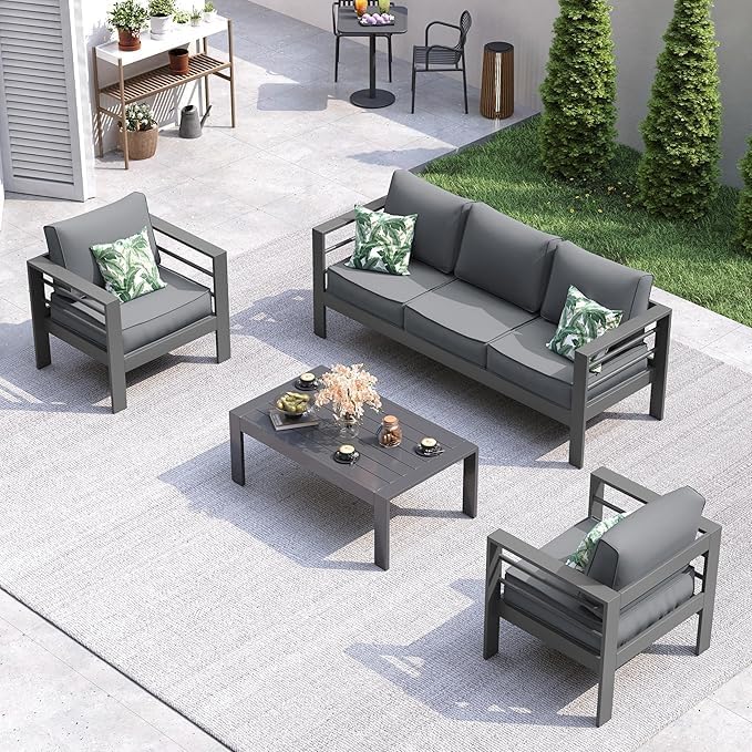 UDPATIO Aluminum Outdoor Furniture Set, 3.2'' Wide Armrest, 240g Premium Olefin Fabric All-Weather & UV-Resistant Patio Furniture Set for Deck, Backyard, Poolside, Dark Gray