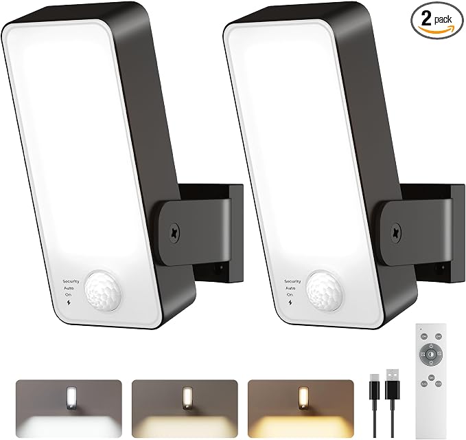 2 Pack Motion Sensor Outdoor Lights, 10000mAh Rechargeable Battery Operated Outdoor Lights with Remote, 3 Modes with Red Alert, Dimmable & 3CCT, Outdoor Security Lights for Porch, Backyard, Garage