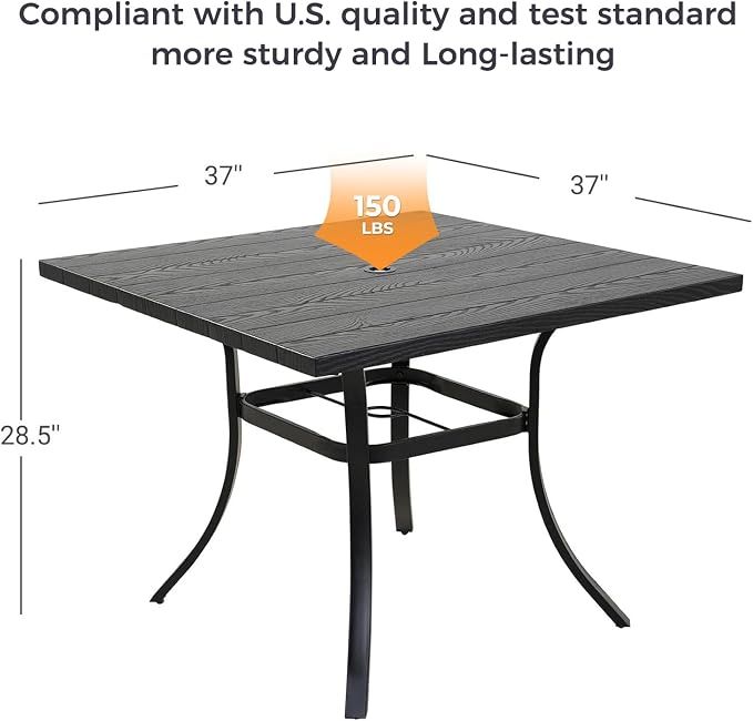 Grand patio Outdoor 37-Inch Square Dining Table Weather-Resistant Picnic Table Embossed Woodgrain with 1.5”Market Umbrella Hole for Garden, Lawn, Backyard