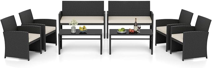RELAX4LIFE 8-Piece Patio Furniture Set - Wicker Rattan Outdoor Sectional Sofa Set w/Glass Coffee Table, Loveseat, Chairs & Soft Cushions, Bistro Conversation for Garden Porch (2, Black-White)