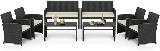 RELAX4LIFE 8-Piece Patio Furniture Set - Wicker Rattan Outdoor Sectional Sofa Set w/Glass Coffee Table, Loveseat, Chairs & Soft Cushions, Bistro Conversation for Garden Porch (2, Black-White)