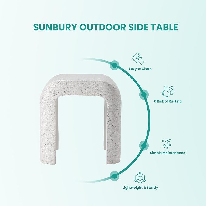SUNBURY Outdoor Side Table, 18" H Concrete Horseshoe End Table, Rectangular Cement Accent Table for Patio, Round Modern Garden Stool for Patio, Backyard, Spotted White