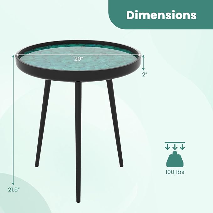 Giantex Outdoor Side Table, Round End Table with Epoxy Resin Finish, Sea Shell Decoration, Mahogany Wood Frame, Tray Top, Patio Side Table for Living Room, Pool, Yard, Porch (Green, 20” x 20” x 21.5”)