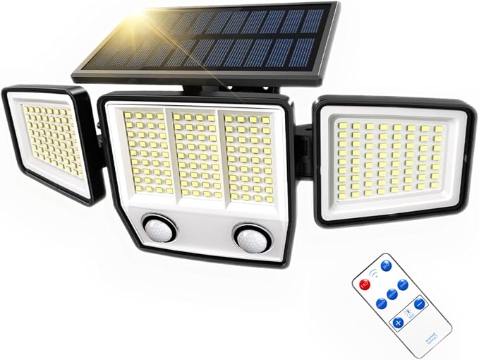 MDCMDCM Solar Motion Sensor Outdoor Lights Waterproof - 3000LM 3 Modes Security Lights Outdoor 270° Illumination IP65 LED Solar Flood Wall Light for Garden Yard Patio Pathway (with ‎Remote Control,1)