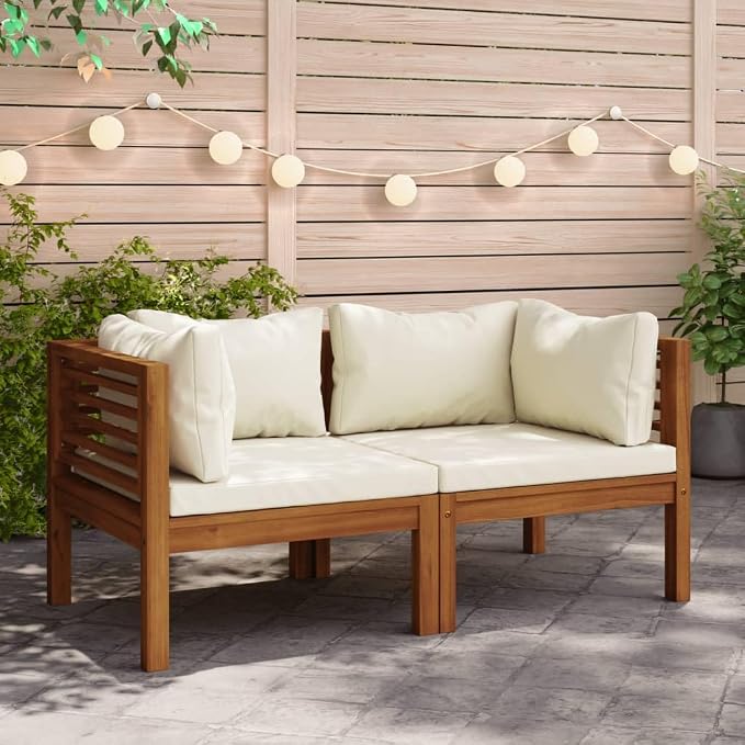 2 pcs Corner Sofas with Cream White Cushions, Solid Acacia Wood Outdoor & Indoor Garden Corner Chair with Sofa Cushion, Outdoor Conversation Set Sectional Sofa,-418