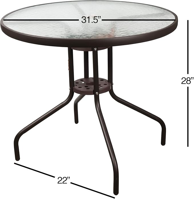 Garden Elements Outdoor Patio Furniture, Round Dining Table, Steel Base and Rim with Water-Wave Glass Top, Brown, 31.5"