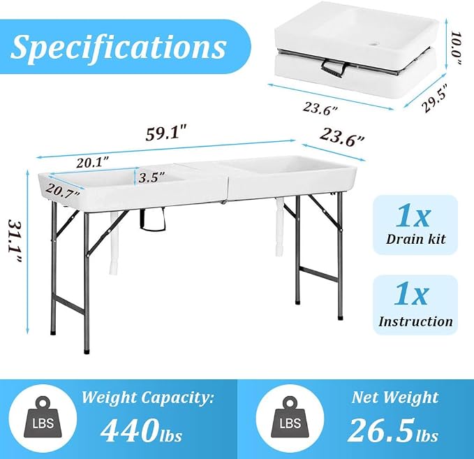 5 Foot Folding Ice Cooler Table with Drain and Dual Basins — Portable Fill and Chill Beverage Table for Parties, BBQ, Camping & Outdoor Events, 440 lb Capacity Ice Bin, No Assembly Required