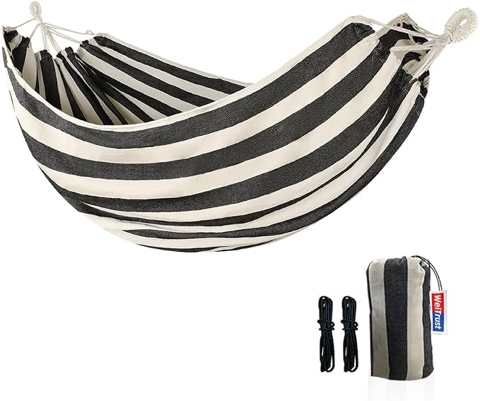 Cotton Canvas Hammock with Tree Straps - Portable Hammock for Outdoor Indoor Patio Backyard, Camping Hammock with Carry Bag, 440lbs Capacity, Without Stand(Black, Without bar)