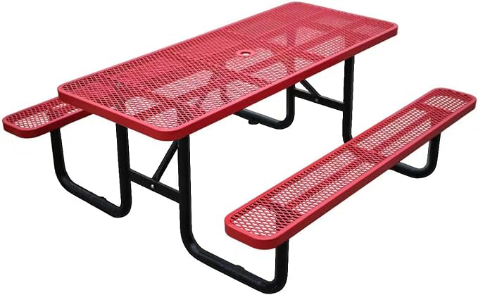 6ft Rectangular Picnic Table – Heavy-Duty Metal Mesh Outdoor Dining Table, Thermoplastic Coated Steel, Outdoor Living, Parks & Schools (red)