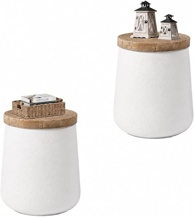 HOMPUS Outdoor Side Table Set of 2, Concrete End Table Cylinder Shaped | Lightweight MgO Patio Accent Table w Wood Grain Top, Small Round Outdoor Garden Stand for for Indoor Outdoor Use, White