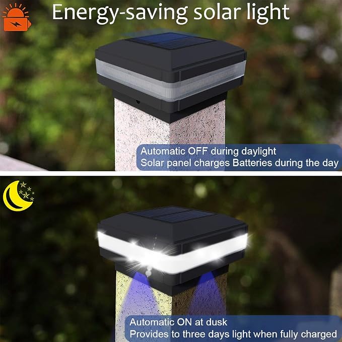 Solar Post Cap Lights Outdoor, 52 LEDs 160LM 6000K Cool White, 4 Pack Black | IP65 Waterproof Fence Post Lights, Compatible with 4x4 5x5 Wooden Posts, Fit for Patio Garden Yard Porch