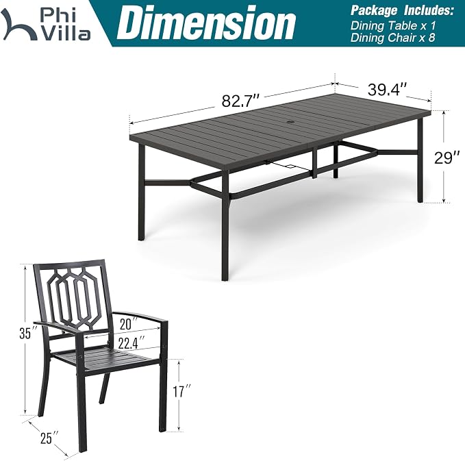 PHI VILLA 9 Pcs Outdoor Dining Set, 83" Steel Table w/Umbrella Hole | Rectangular Metal Table w/ Umbrella Hole & Stackable Wrought Iron Chairs,Patio Furniture for Patio, Deck, Yard, Porch