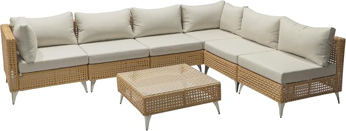 YOPTO 7-Piece Outdoor Conversation Sectional Sofa Set with Water Resistant Thick Cushions & Coffee Table,Wicker Patio Furniture Set W/Removable Cushions Cover,DIY Combination,for Porch,Backyard,Beige