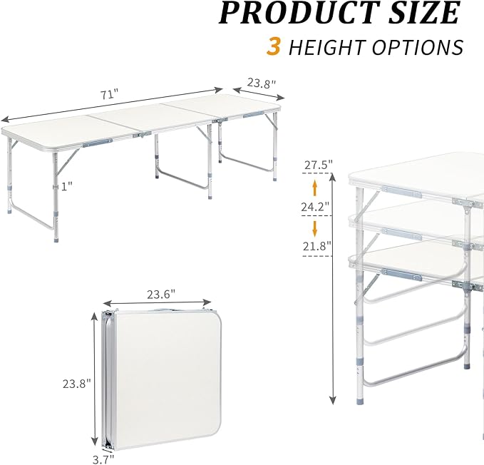 6 Ft Folding Portable Camping Table, Tri-fold Outdoor Picnic Table, Outdoor Camping Kitchen, BBQ, Picnic, Cooking, Beach, Garden, Party (White)
