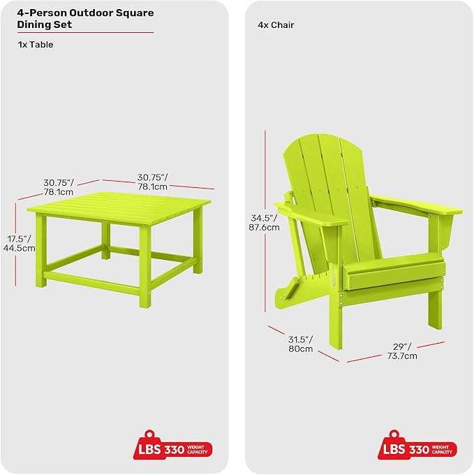 Costaelm Patio Conversation Set, 5 piece Balcony Furniture, Small Patio Firepit Furniture Outdoor Adirondack Square Coffee Table and Chair for Backyard Lawn Porch Pool Garden, Lime