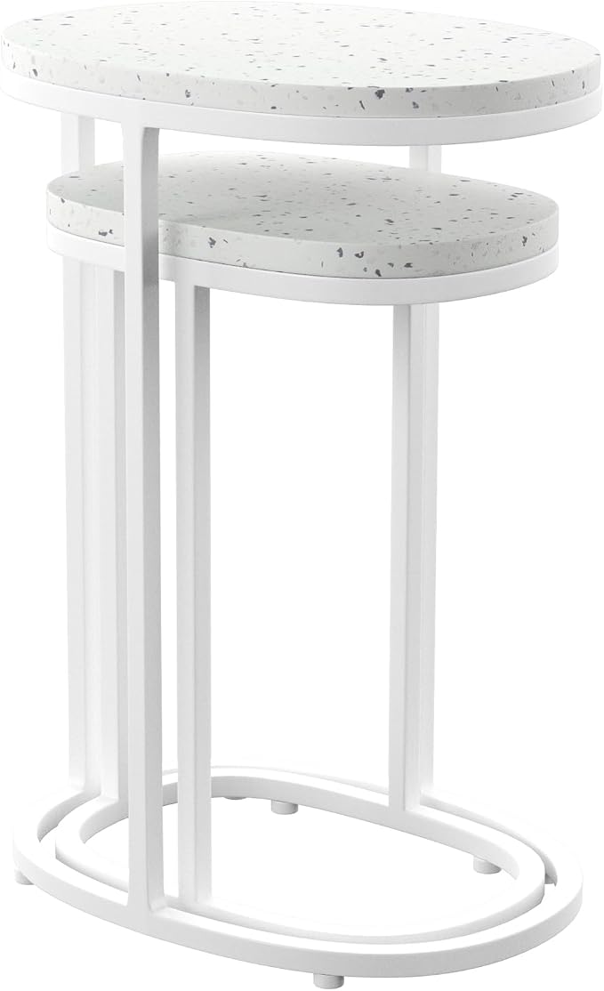 SEI Outdoor Patio Furniture - Vicanno Terrazzo Outdoor Nesting Tables - 2 Piece Set - Transitional Design White Metal - Fully Assembled - Ideal for Patio, Backyard (OD1089804)