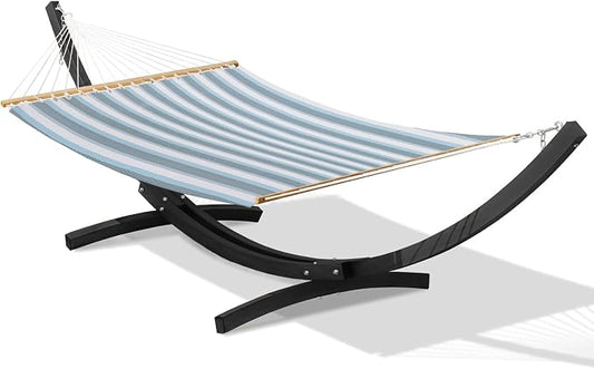 Lazy Daze Hammocks 12 FT 2 Person Double Quick Dry Textilene Hammock with Curved Steel Heavy Duty Stand for Outside, Backyard, Patio, 450 Lbs Capacity, Blue White Stripes