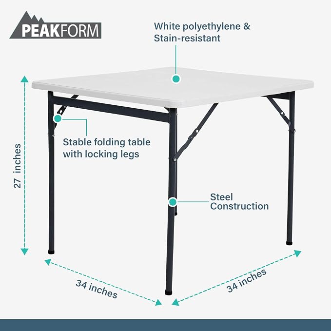 Peakform Multipurpose Banquet Squared Table Lightweight Folding Durable Desk with Secure Base for Indoor and Outdoor Events, 34 Inch, White