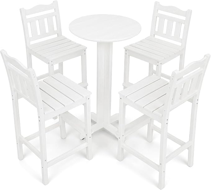 5-Piece Outdoor Bar Set, HDPE Adirondack Bar Height Chairs Set of 4 and Round Pub Table, All Weather Outdoor Patio Bar Furniture for Bistro, Deck, Balcony, Poolside(White)