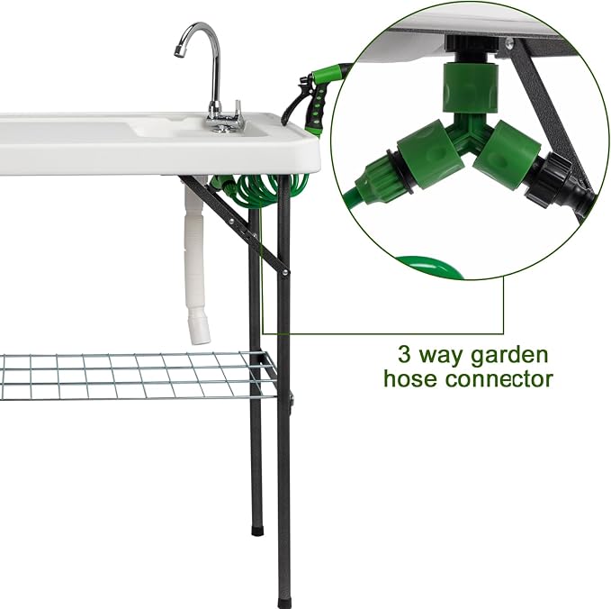 VINGLI Outdoor Folding Fish and Game Cleaning Table w/Sink| Portable & Durable, Standard Garden Connection, Upgraded Drainage Hose, Stainless Steel (Upgraded)