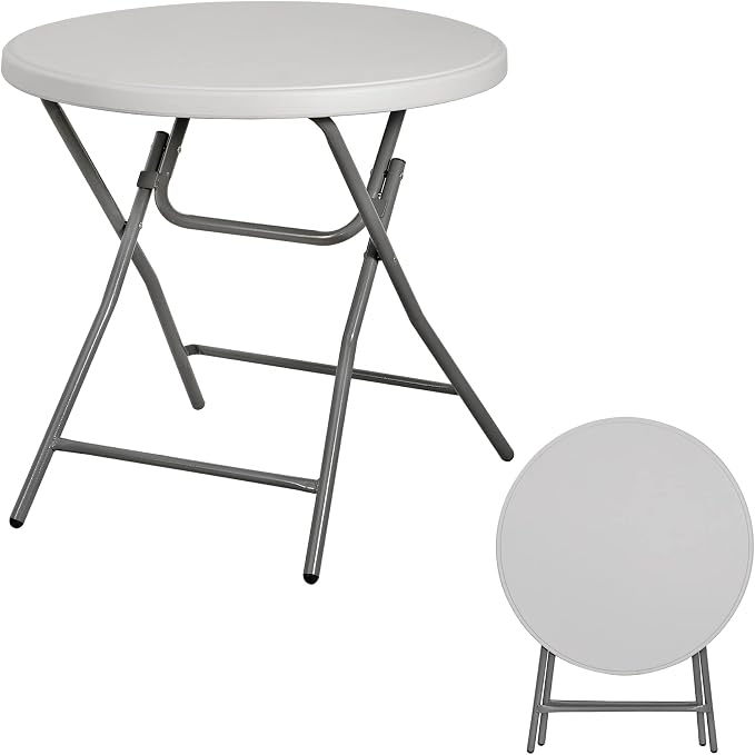 32 Inch Round Folding Table, Heavy Duty Folding 2.6FT Plastic Table for Outdoor Indoor, Metal Frame Thick Table Top Camping Picnic Table, White
