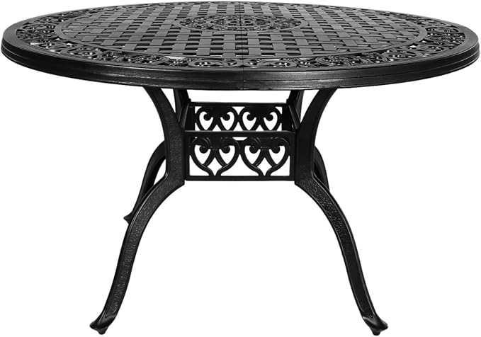 48 Inch Outdoor Dining Table Round Patio Bistro Table Powder-Coated Cast Aluminum Frame Patio Dining Table Garden Table with Umbrella Hole (Black)