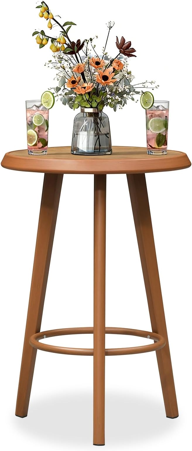 PURPLE LEAF Counter Height Table Patio Round Table Dining Coffee Kitchen Breakfast Bistro Outdoor Pub Bar Table for Garden Balcony, Deep Teak