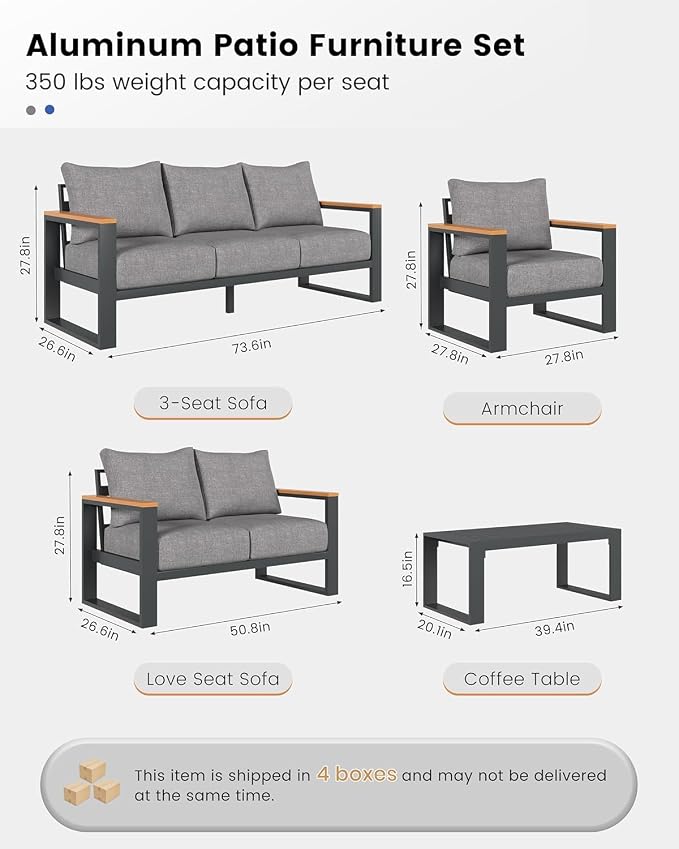 Aluminum Patio Furniture Set, 5 Piece Metal Outdoor Furniture Set with 6″ Thick Washable Cushions & Coffee Table, All Weather Patio Conversation Sets for Yard, Poolside, Garden (Grey)
