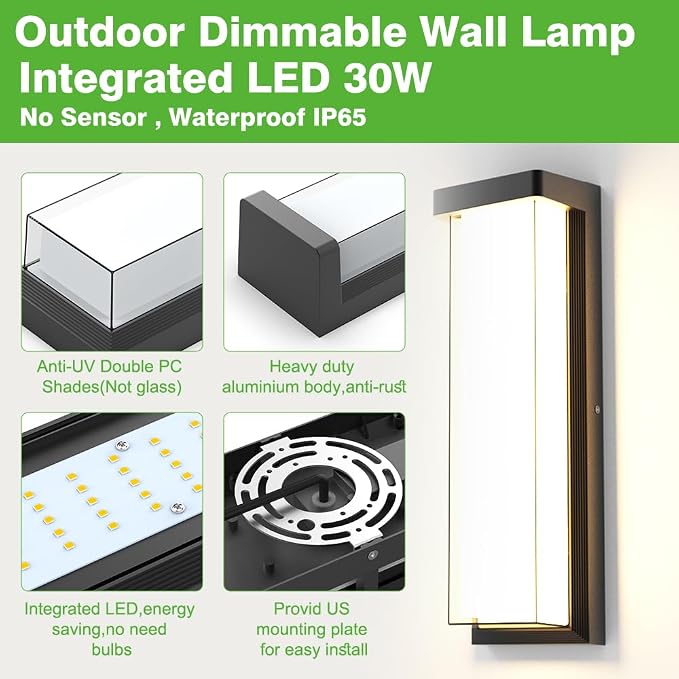 Modern 2Pack Outdoor Wall Light Fixture,16in 10%-100% Dimming LED Porch&Patio Wall Light Fixture,3000K Black Exterior Sconce Light Mounted for House Garage Porch Courtyard(2Packs)