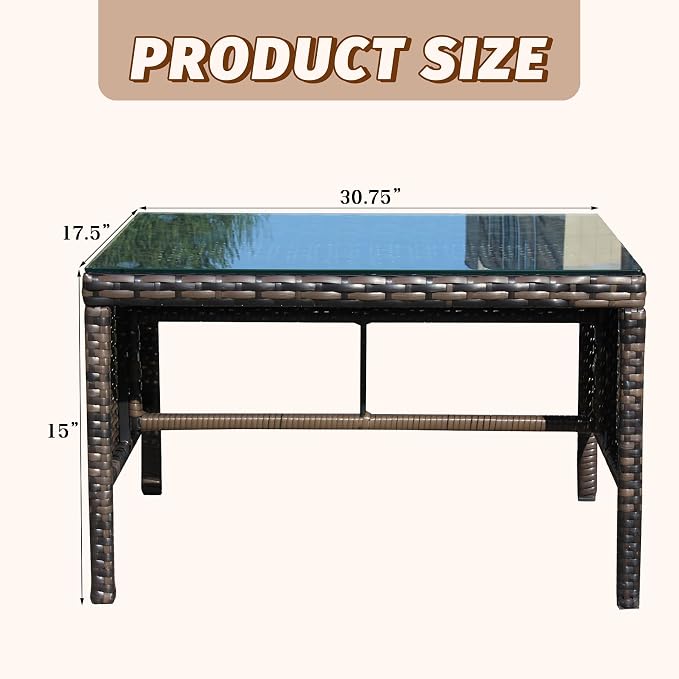 Outdoor Rattan Patio Side Tables, Wicker Table with Clear Tempered Glass Top, Patio End Tables with Storage Shelf, Outdoor Small Tables for Patio,Porch,Balcony,Backyard (Brown, 30.75 Inch)