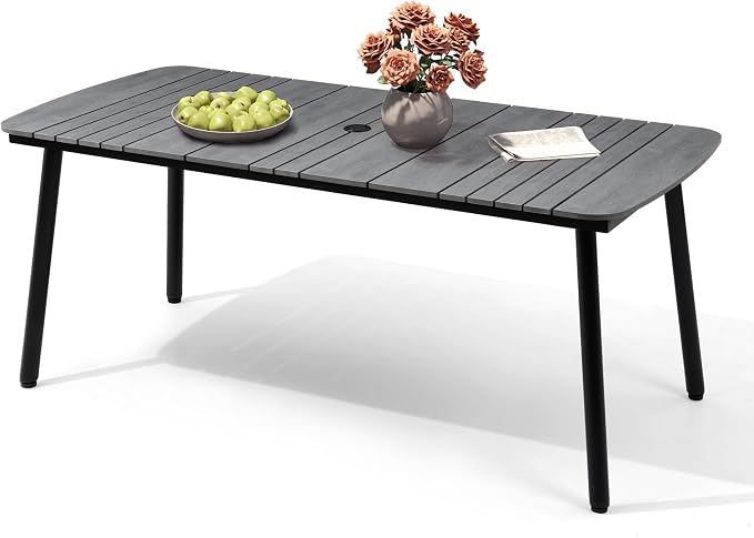 Crestlive Products Outdoor Dining Table for 6, 70" Aluminum Patio Table with Umbrella Hole Weather Resistant Rectangle Outside Tables for Patio Garden Lawn, Grey